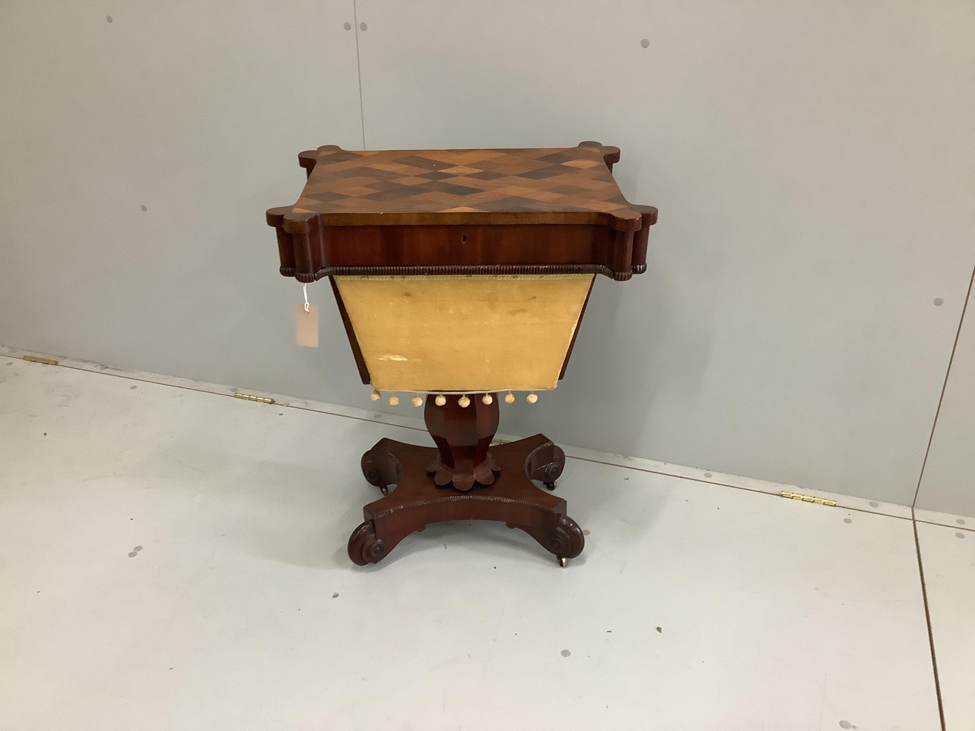 An early Victorian parquetry inlaid mahogany work table with specimen top, width 59cm, depth 43cm, height 72cm